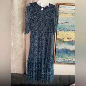 SEE BY CHLOE Black Blue Lace Knit Long Sleeve Boho Coquette Midi Dress Sz 40 US8